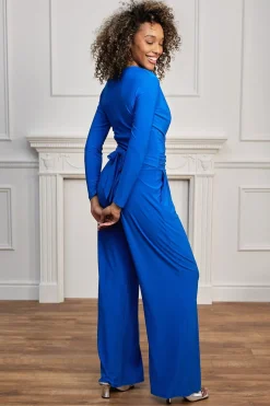 Plunge Wrap Long Sleeve Jumpsuit With Tie Back In Royal Blue by Angeleye