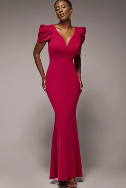 Plunging Neck Pleated Sleeves Scuba Maxi Dress - Burgundy Red by Goddiva