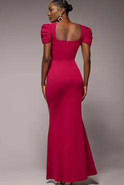 Plunging Neck Pleated Sleeves Scuba Maxi Dress - Burgundy Red by Goddiva