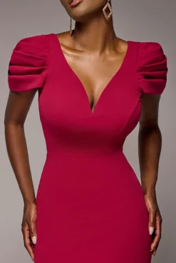Plunging Neck Pleated Sleeves Scuba Maxi Dress - Burgundy Red by Goddiva
