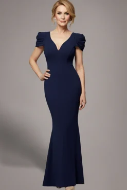 Plunging Neck Pleated Sleeves Scuba Maxi Dress - Navy Blue by Goddiva