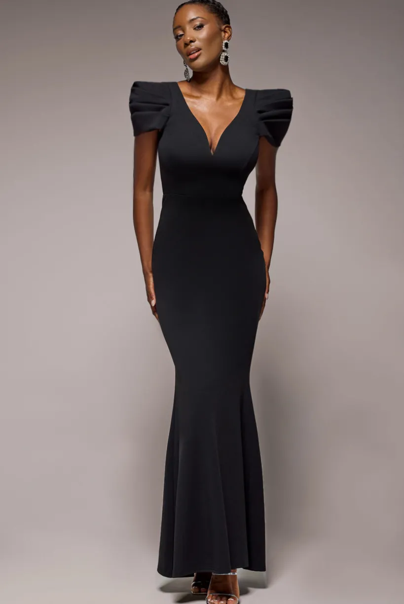 Plunging Neck Pleated Sleeves Scuba Maxi Dress - Black by Goddiva
