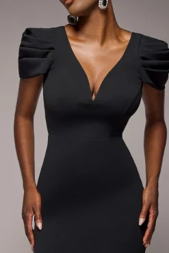 Plunging Neck Pleated Sleeves Scuba Maxi Dress - Black by Goddiva