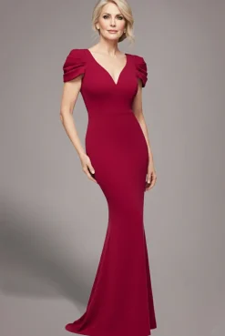 Plunging Neck Pleated Sleeves Scuba Maxi Dress - Burgundy Red by Goddiva