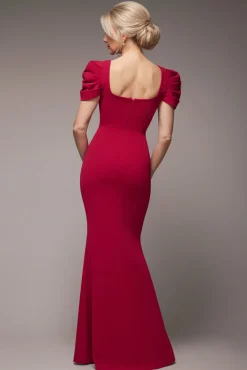 Plunging Neck Pleated Sleeves Scuba Maxi Dress - Burgundy Red by Goddiva