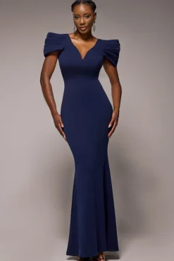 Plunging Neck Pleated Sleeves Scuba Maxi Dress - Navy Blue by Goddiva