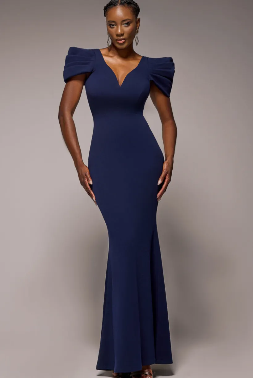 Plunging Neck Pleated Sleeves Scuba Maxi Dress - Navy Blue by Goddiva
