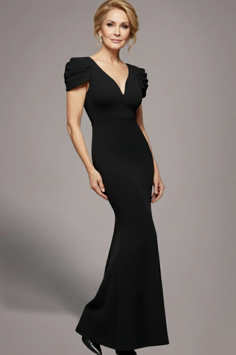 Plunging Neck Pleated Sleeves Scuba Maxi Dress - Black by Goddiva