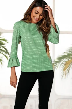 Polka Dot Print Frill Detail Cuff Top In Green by FS Collection