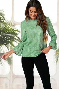 Polka Dot Print Frill Detail Cuff Top In Green by FS Collection