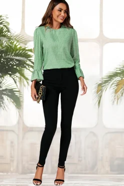 Polka Dot Print Frill Detail Cuff Top In Green by FS Collection