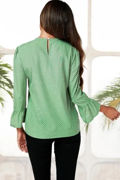 Polka Dot Print Frill Detail Cuff Top In Green by FS Collection