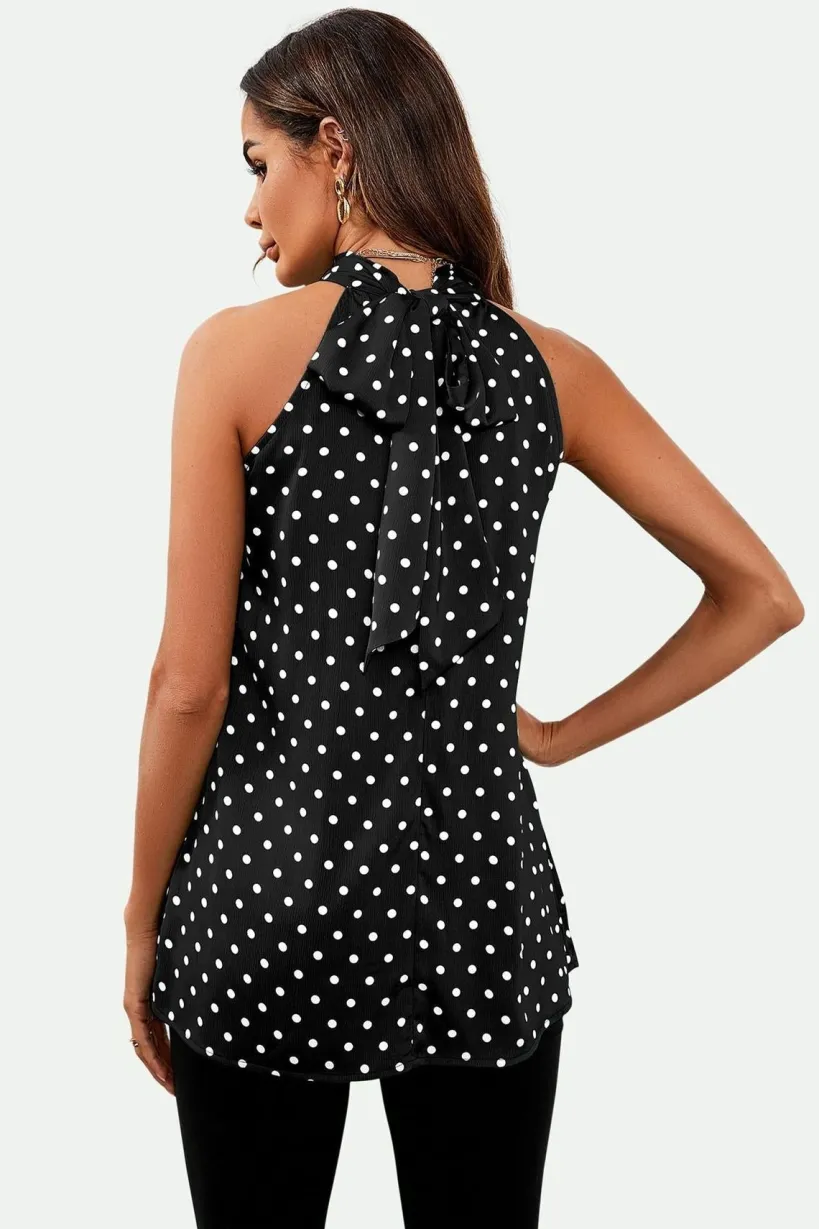 Polka Dot Print Halter Neck Tie Back Top In Black by FS Collection