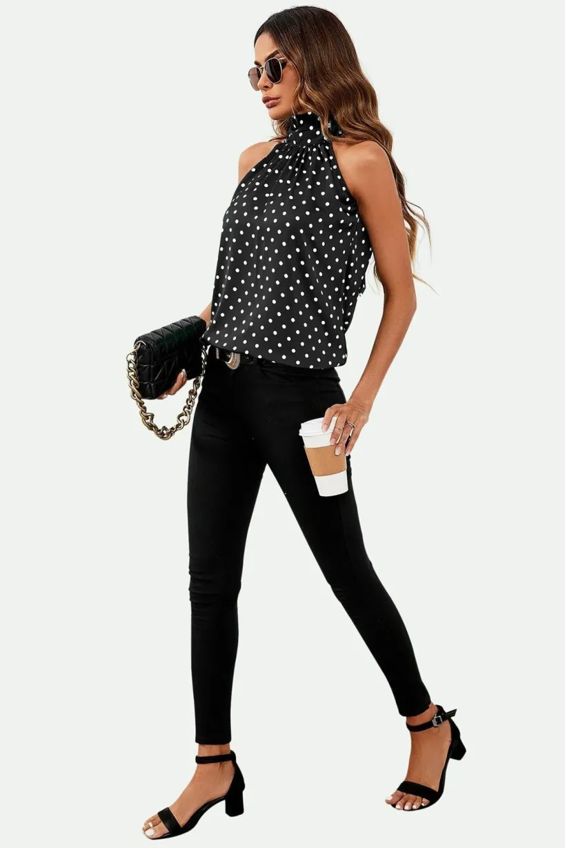 Polka Dot Print Halter Neck Tie Back Top In Black by FS Collection