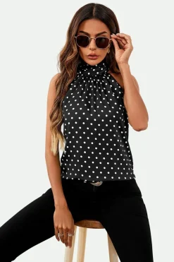 Polka Dot Print Halter Neck Tie Back Top In Black by FS Collection