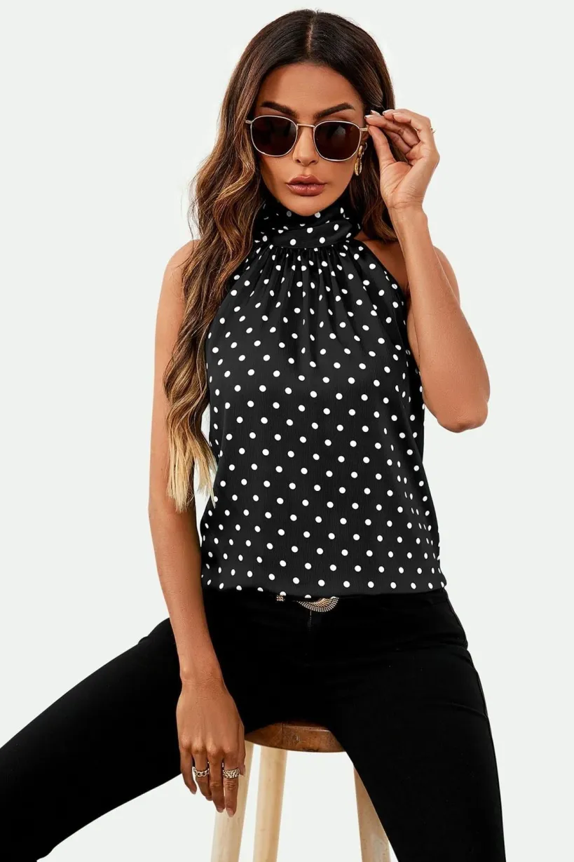 Polka Dot Print Halter Neck Tie Back Top In Black by FS Collection