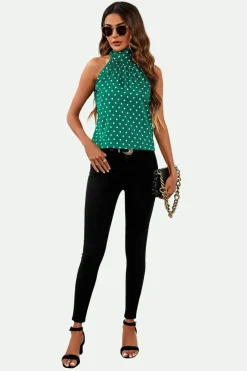 Polka Dot Print Halter Neck Tie Back Top In Green by FS Collection