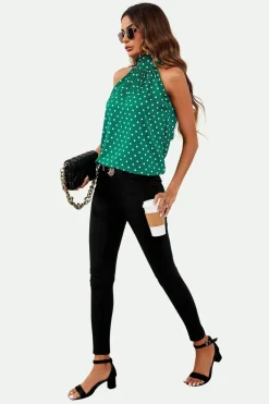 Polka Dot Print Halter Neck Tie Back Top In Green by FS Collection