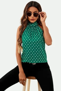 Polka Dot Print Halter Neck Tie Back Top In Green by FS Collection