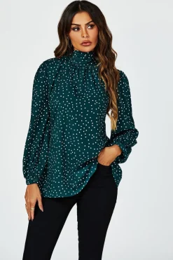 Polka Dot Print Long Sleeve Back Tie Blouse Top In Green by FS Collection