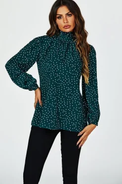 Polka Dot Print Long Sleeve Back Tie Blouse Top In Green by FS Collection