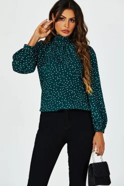 Polka Dot Print Long Sleeve Back Tie Blouse Top In Green by FS Collection