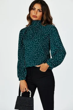 Polka Dot Print Long Sleeve Back Tie Blouse Top In Green by FS Collection