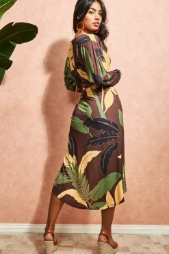 Printed Batwing Wrap Midi Dress - Brown by Goddiva