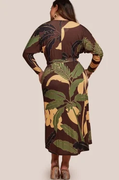 Printed Batwing Wrap Midi Dress - Brown by Goddiva Plus