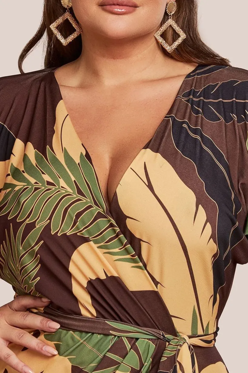 Printed Batwing Wrap Midi Dress - Brown by Goddiva Plus