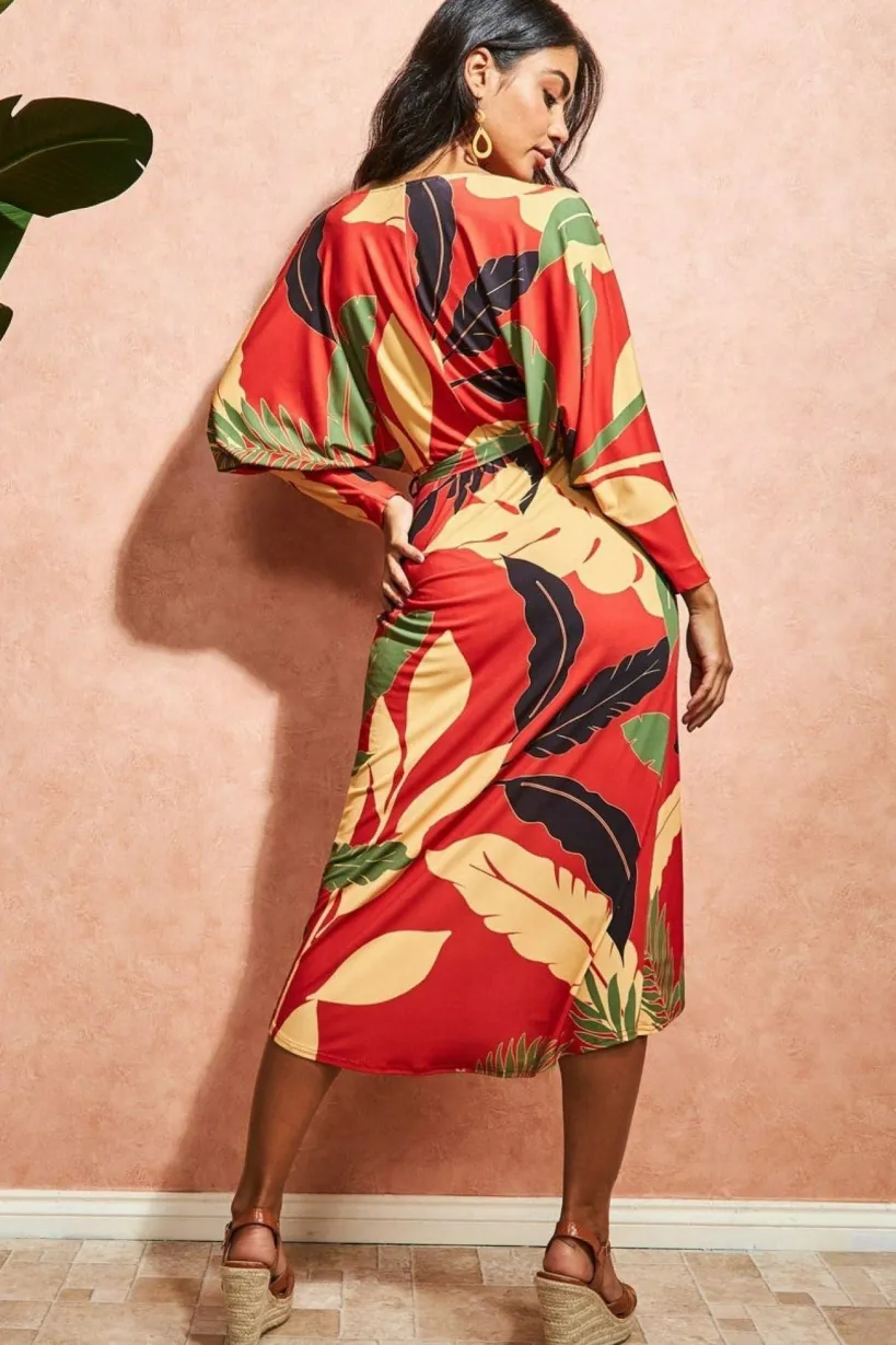 Printed Batwing Wrap Midi Dress - Orange by Goddiva