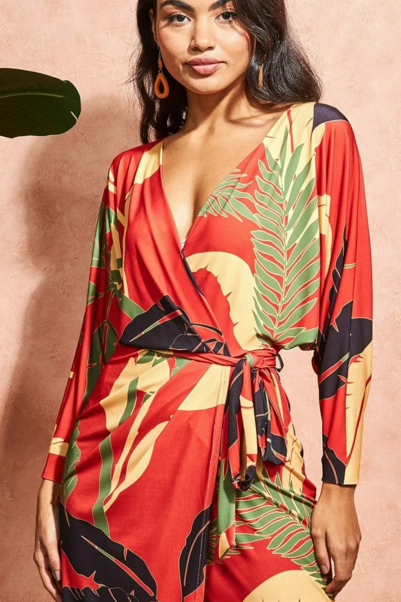 Printed Batwing Wrap Midi Dress - Orange by Goddiva
