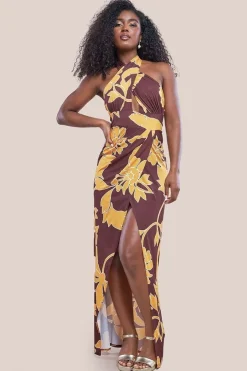 Printed Crossover Maxi Dress - Brown by Goddiva