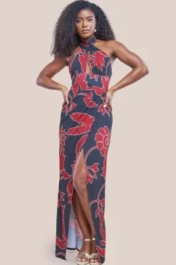 Printed Crossover Maxi Dress - Black by Goddiva