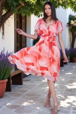 Printed Flutter Sleeve Chiffon Midi Dress - Coral by Goddiva