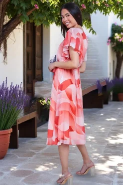 Printed Flutter Sleeve Chiffon Midi Dress - Coral by Goddiva