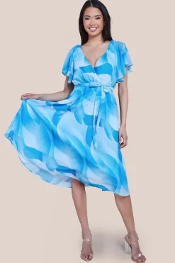 Printed Flutter Sleeve Chiffon Midi Dress - Light Blue by Goddiva
