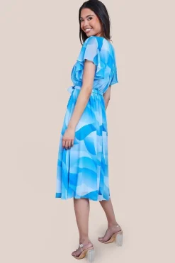 Printed Flutter Sleeve Chiffon Midi Dress - Light Blue by Goddiva