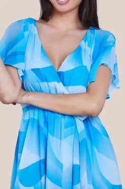 Printed Flutter Sleeve Chiffon Midi Dress - Light Blue by Goddiva