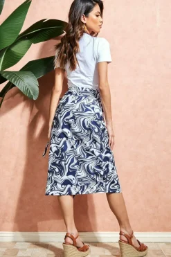 Printed High Waist Wrap Midi Skirt - Navy by City Goddess