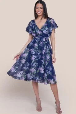 Printed Lurex A-Line Flutter Sleeve Midi Dress - Navy Blue by Goddiva