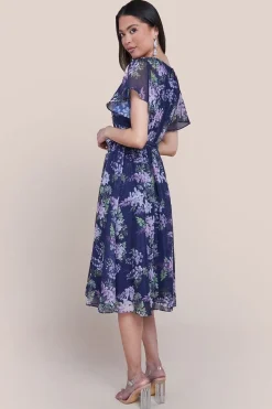 Printed Lurex A-Line Flutter Sleeve Midi Dress - Navy Blue by Goddiva