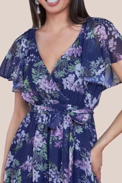 Printed Lurex A-Line Flutter Sleeve Midi Dress - Navy Blue by Goddiva