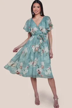 Printed Lurex A-Line Flutter Sleeve Midi Dress - Airforce Blue by Goddiva