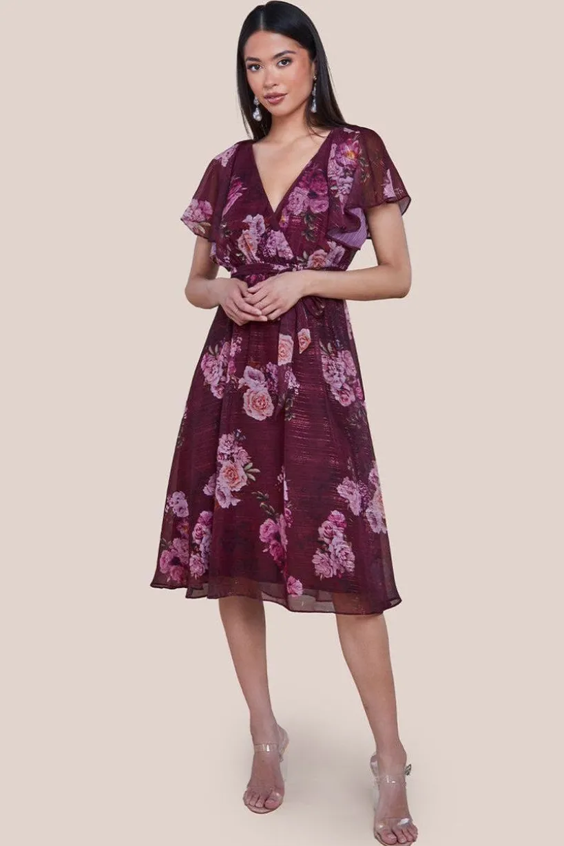 Printed Lurex A-Line Flutter Sleeve Midi Dress - Berry by Goddiva