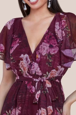 Printed Lurex A-Line Flutter Sleeve Midi Dress - Berry by Goddiva