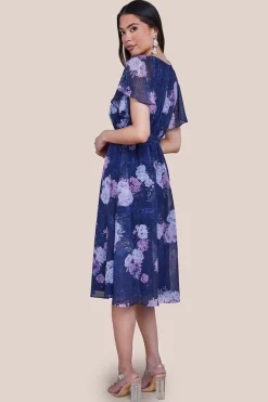 Printed Lurex A-Line Flutter Sleeve Midi Dress - Navy by Goddiva