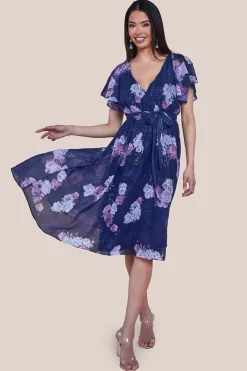 Printed Lurex A-Line Flutter Sleeve Midi Dress - Navy by Goddiva