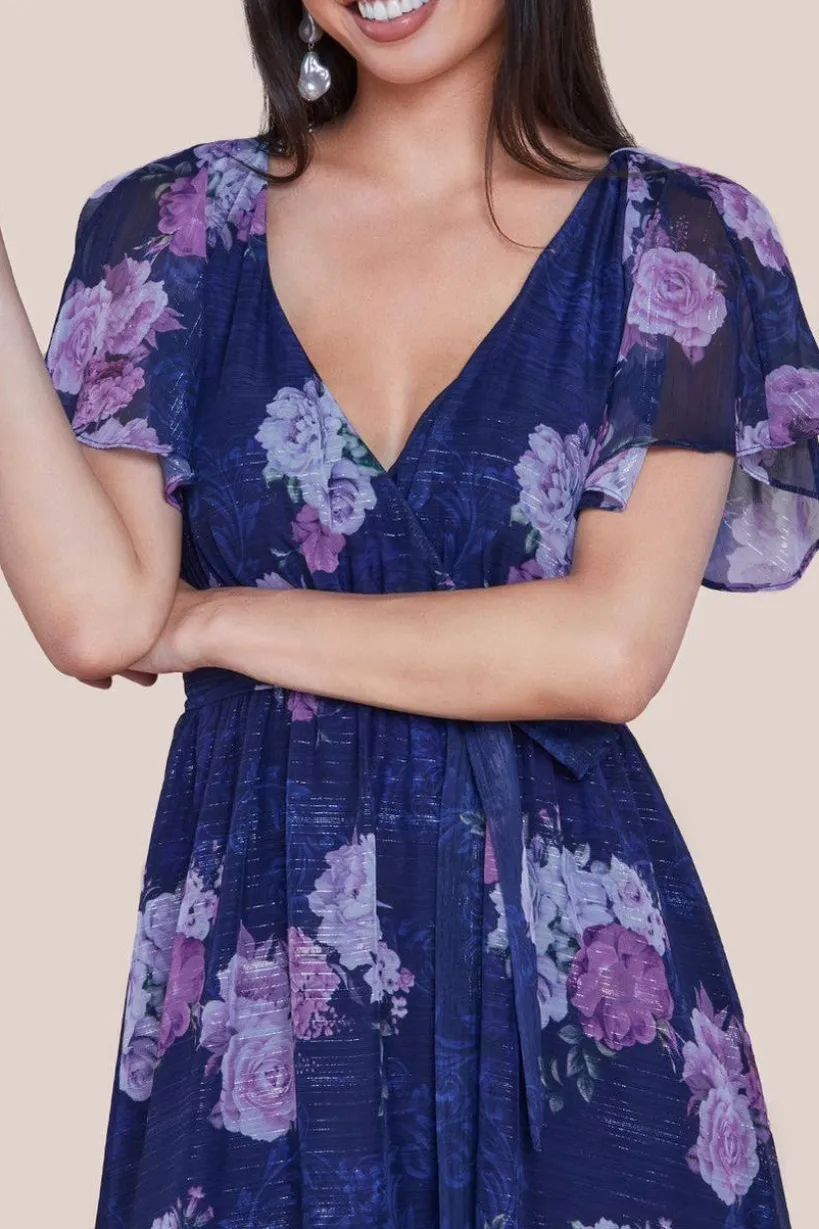 Printed Lurex A-Line Flutter Sleeve Midi Dress - Navy by Goddiva
