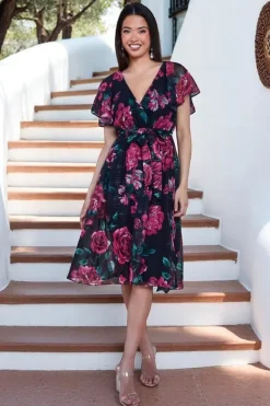 Printed Lurex A-Line Flutter Sleeve Midi Dress - Black by Goddiva